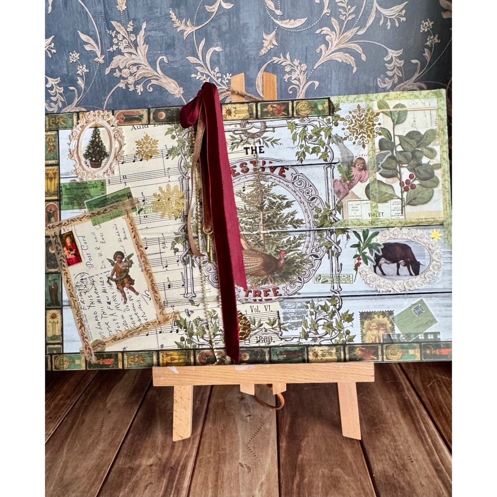 Vintage Christmas Mixed Media Collage Art Decoupage Wood Plank Holiday Decor